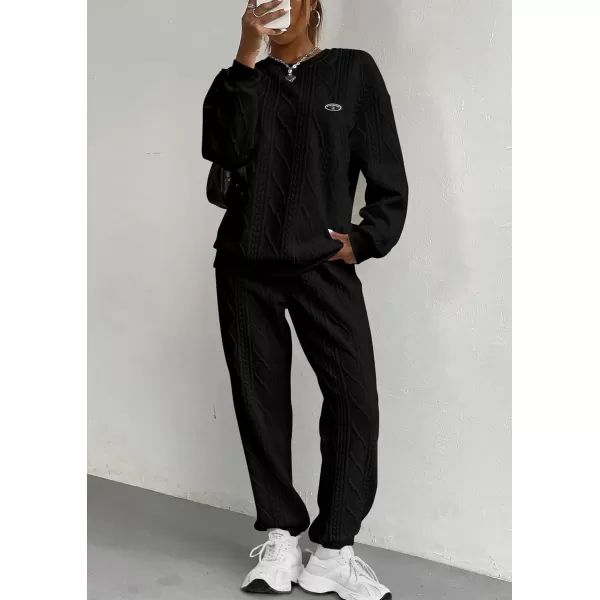 PRETTYGARDEN Lounge Sets for Women Fall 2024 Matching Sets Clothing 2 Piece Outfits Long Sleeve Tracksuit Textured SetsBlack