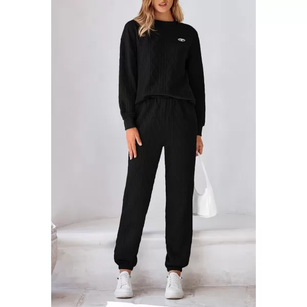 PRETTYGARDEN Lounge Sets for Women Fall 2024 Matching Sets Clothing 2 Piece Outfits Long Sleeve Tracksuit Textured SetsBlack