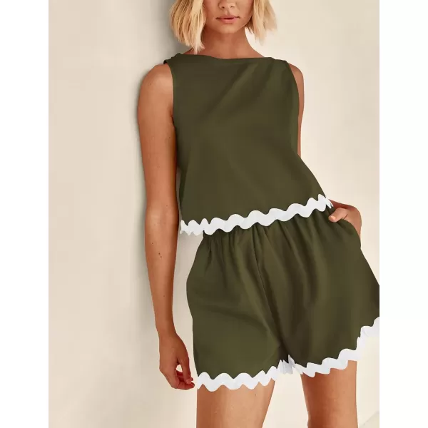 PRETTYGARDEN Womens 2 Piece Beach Vacation Outfits Casual Cropped Tank Top High Waist Shorts Set TracksuitArmy Green