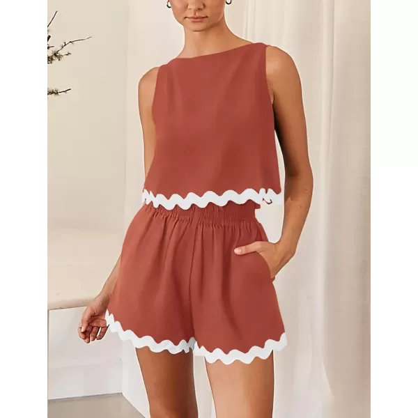 PRETTYGARDEN Womens 2 Piece Beach Vacation Outfits Casual Cropped Tank Top High Waist Shorts Set TracksuitBrick Red