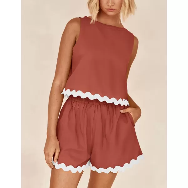 PRETTYGARDEN Womens 2 Piece Beach Vacation Outfits Casual Cropped Tank Top High Waist Shorts Set TracksuitBrick Red