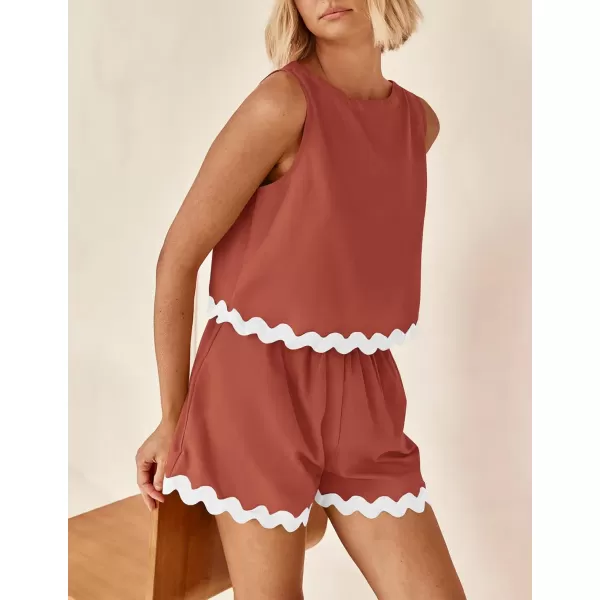 PRETTYGARDEN Womens 2 Piece Beach Vacation Outfits Casual Cropped Tank Top High Waist Shorts Set TracksuitBrick Red