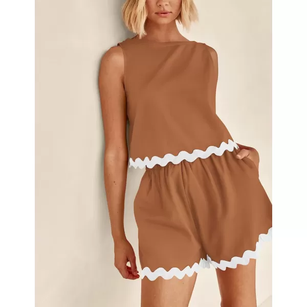 PRETTYGARDEN Womens 2 Piece Beach Vacation Outfits Casual Cropped Tank Top High Waist Shorts Set TracksuitBrown