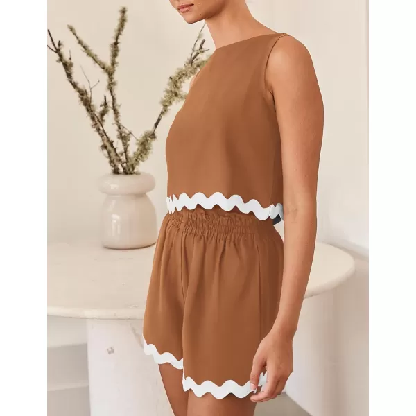 PRETTYGARDEN Womens 2 Piece Beach Vacation Outfits Casual Cropped Tank Top High Waist Shorts Set TracksuitBrown