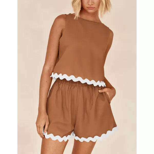 PRETTYGARDEN Womens 2 Piece Beach Vacation Outfits Casual Cropped Tank Top High Waist Shorts Set TracksuitBrown