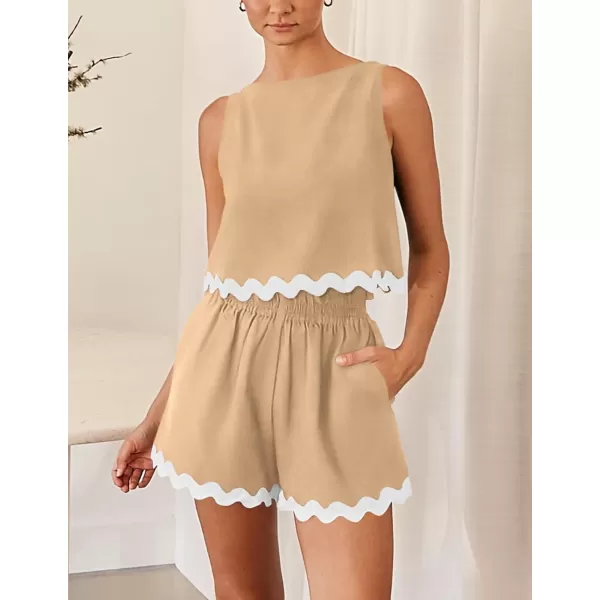 PRETTYGARDEN Womens 2 Piece Beach Vacation Outfits Casual Cropped Tank Top High Waist Shorts Set TracksuitKhaki