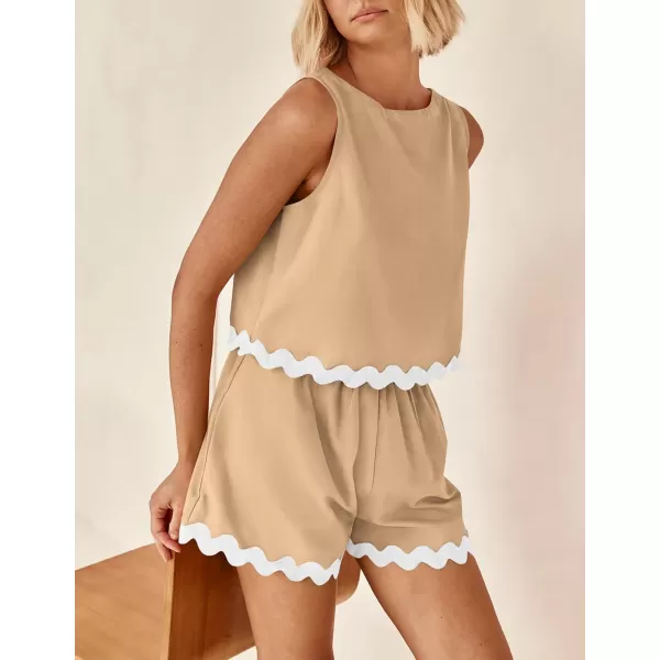 PRETTYGARDEN Womens 2 Piece Beach Vacation Outfits Casual Cropped Tank Top High Waist Shorts Set TracksuitKhaki