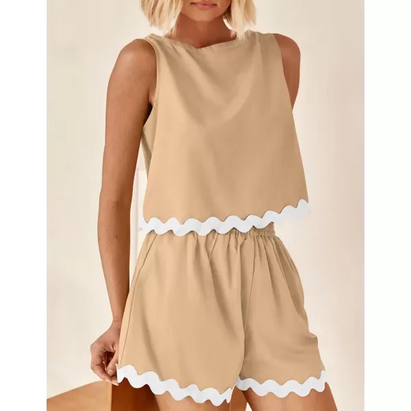 PRETTYGARDEN Womens 2 Piece Beach Vacation Outfits Casual Cropped Tank Top High Waist Shorts Set TracksuitKhaki