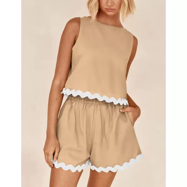 PRETTYGARDEN Womens 2 Piece Beach Vacation Outfits Casual Cropped Tank Top High Waist Shorts Set TracksuitKhaki