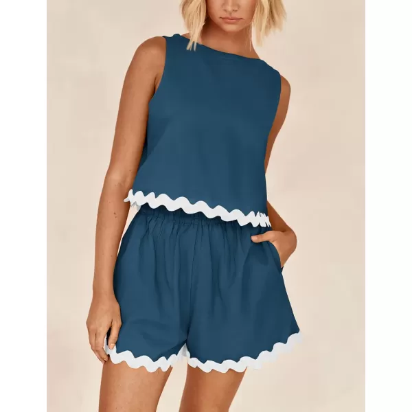 PRETTYGARDEN Womens 2 Piece Beach Vacation Outfits Casual Cropped Tank Top High Waist Shorts Set TracksuitLake Blue
