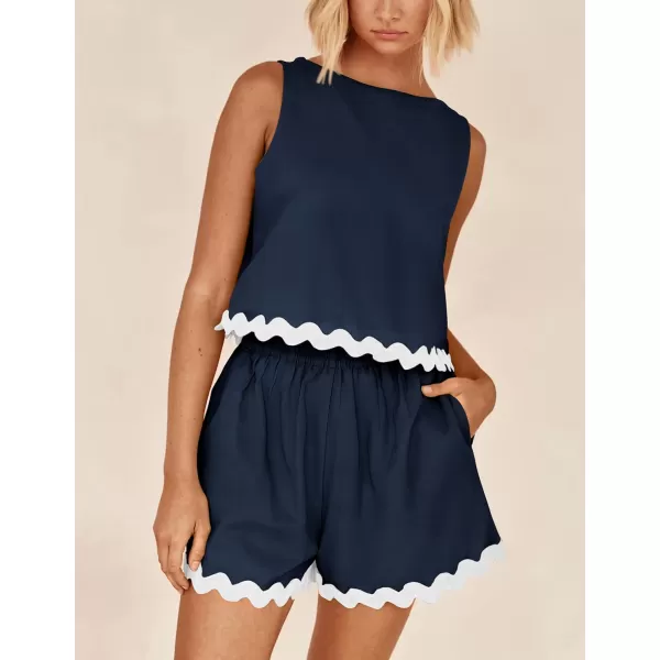 PRETTYGARDEN Womens 2 Piece Beach Vacation Outfits Casual Cropped Tank Top High Waist Shorts Set TracksuitNavy