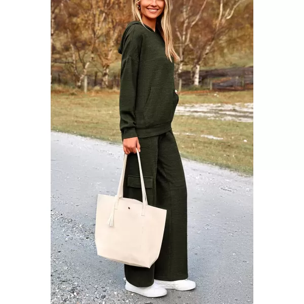 PRETTYGARDEN Womens 2 Piece Lounge Sets 2024 Fall Knitted Hoodie Pullover Tops Cargo Pants Matching Outfits TracksuitsArmy Green