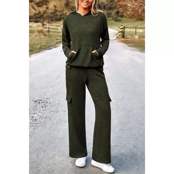 PRETTYGARDEN Womens 2 Piece Lounge Sets 2024 Fall Knitted Hoodie Pullover Tops Cargo Pants Matching Outfits TracksuitsArmy Green