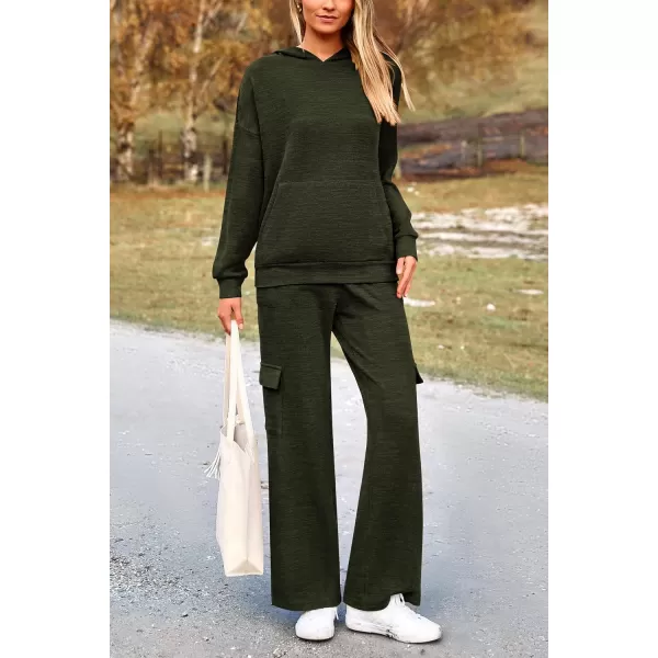 PRETTYGARDEN Womens 2 Piece Lounge Sets 2024 Fall Knitted Hoodie Pullover Tops Cargo Pants Matching Outfits TracksuitsArmy Green