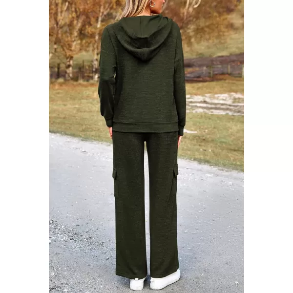 PRETTYGARDEN Womens 2 Piece Lounge Sets 2024 Fall Knitted Hoodie Pullover Tops Cargo Pants Matching Outfits TracksuitsArmy Green