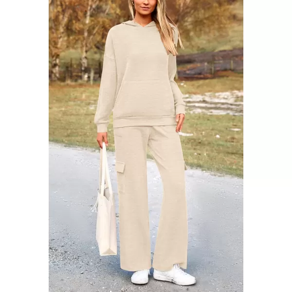 PRETTYGARDEN Womens 2 Piece Lounge Sets 2024 Fall Knitted Hoodie Pullover Tops Cargo Pants Matching Outfits TracksuitsBeige