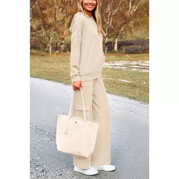 PRETTYGARDEN Womens 2 Piece Lounge Sets 2024 Fall Knitted Hoodie Pullover Tops Cargo Pants Matching Outfits TracksuitsBeige