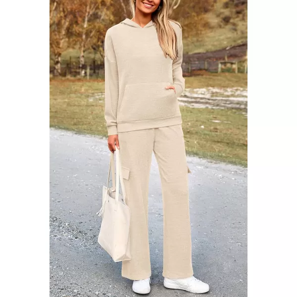 PRETTYGARDEN Womens 2 Piece Lounge Sets 2024 Fall Knitted Hoodie Pullover Tops Cargo Pants Matching Outfits TracksuitsBeige