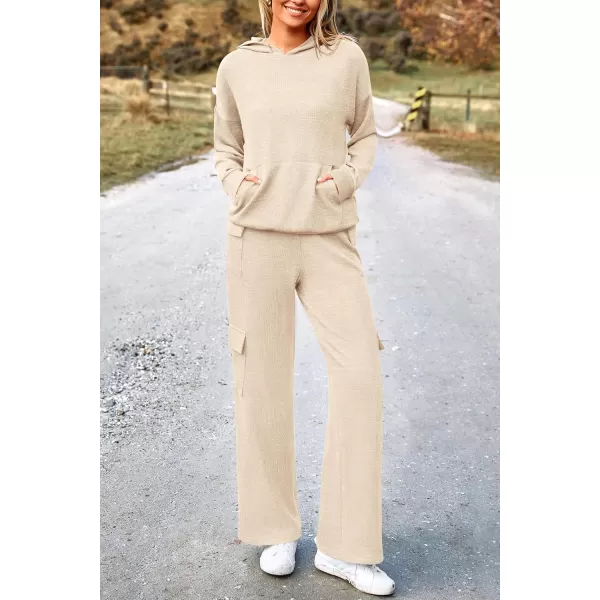 PRETTYGARDEN Womens 2 Piece Lounge Sets 2024 Fall Knitted Hoodie Pullover Tops Cargo Pants Matching Outfits TracksuitsBeige
