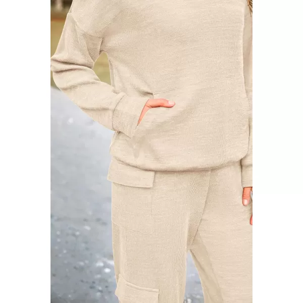 PRETTYGARDEN Womens 2 Piece Lounge Sets 2024 Fall Knitted Hoodie Pullover Tops Cargo Pants Matching Outfits TracksuitsBeige