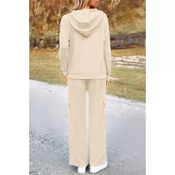 PRETTYGARDEN Womens 2 Piece Lounge Sets 2024 Fall Knitted Hoodie Pullover Tops Cargo Pants Matching Outfits TracksuitsBeige