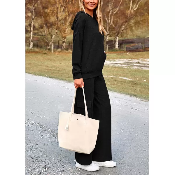 PRETTYGARDEN Womens 2 Piece Lounge Sets 2024 Fall Knitted Hoodie Pullover Tops Cargo Pants Matching Outfits TracksuitsBlack