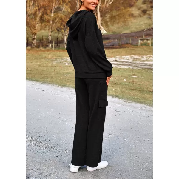 PRETTYGARDEN Womens 2 Piece Lounge Sets 2024 Fall Knitted Hoodie Pullover Tops Cargo Pants Matching Outfits TracksuitsBlack