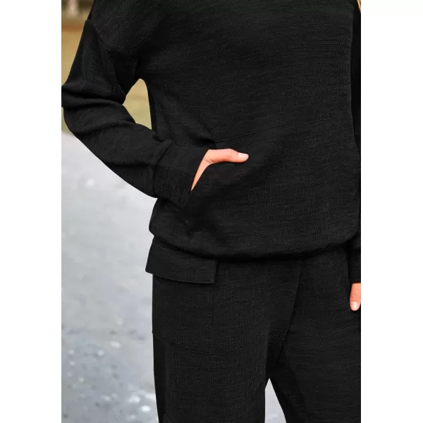 PRETTYGARDEN Womens 2 Piece Lounge Sets 2024 Fall Knitted Hoodie Pullover Tops Cargo Pants Matching Outfits TracksuitsBlack