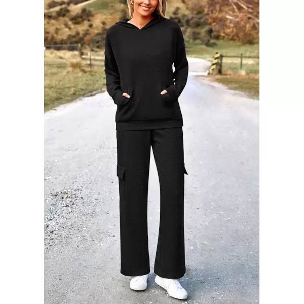 PRETTYGARDEN Womens 2 Piece Lounge Sets 2024 Fall Knitted Hoodie Pullover Tops Cargo Pants Matching Outfits TracksuitsBlack