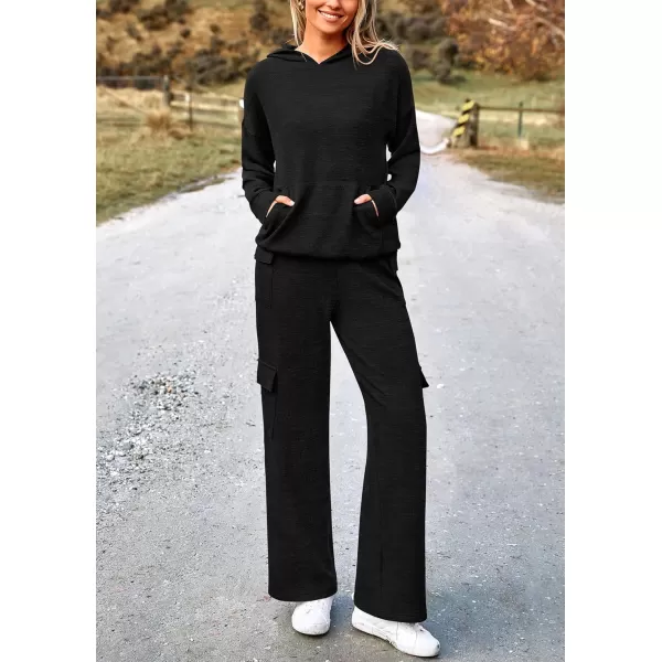 PRETTYGARDEN Womens 2 Piece Lounge Sets 2024 Fall Knitted Hoodie Pullover Tops Cargo Pants Matching Outfits TracksuitsBlack