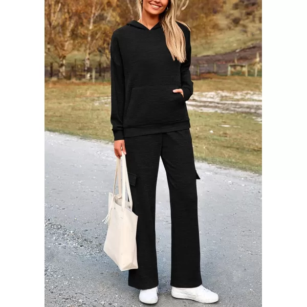 PRETTYGARDEN Womens 2 Piece Lounge Sets 2024 Fall Knitted Hoodie Pullover Tops Cargo Pants Matching Outfits TracksuitsBlack