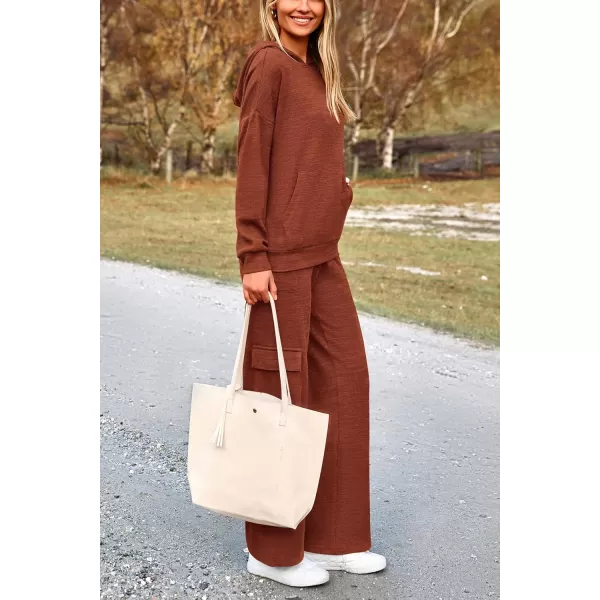 PRETTYGARDEN Womens 2 Piece Lounge Sets 2024 Fall Knitted Hoodie Pullover Tops Cargo Pants Matching Outfits TracksuitsBrick Red