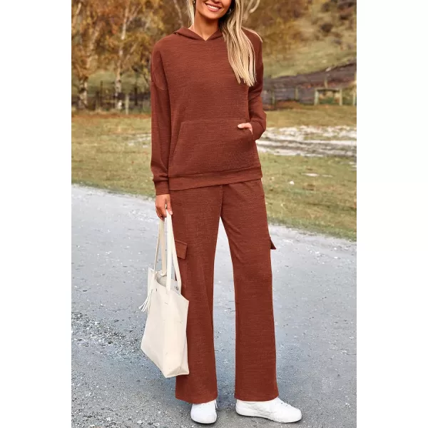 PRETTYGARDEN Womens 2 Piece Lounge Sets 2024 Fall Knitted Hoodie Pullover Tops Cargo Pants Matching Outfits TracksuitsBrick Red