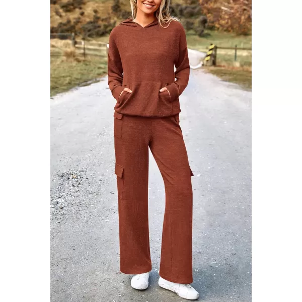PRETTYGARDEN Womens 2 Piece Lounge Sets 2024 Fall Knitted Hoodie Pullover Tops Cargo Pants Matching Outfits TracksuitsBrick Red