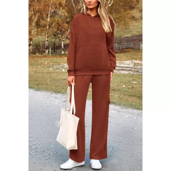 PRETTYGARDEN Womens 2 Piece Lounge Sets 2024 Fall Knitted Hoodie Pullover Tops Cargo Pants Matching Outfits TracksuitsBrick Red
