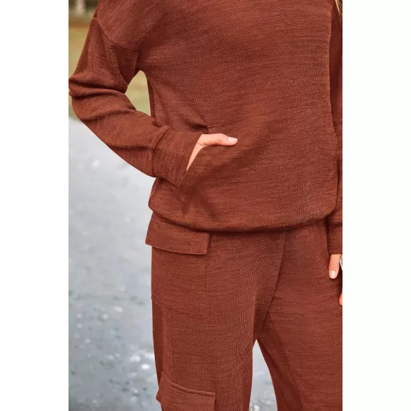 PRETTYGARDEN Womens 2 Piece Lounge Sets 2024 Fall Knitted Hoodie Pullover Tops Cargo Pants Matching Outfits TracksuitsBrick Red
