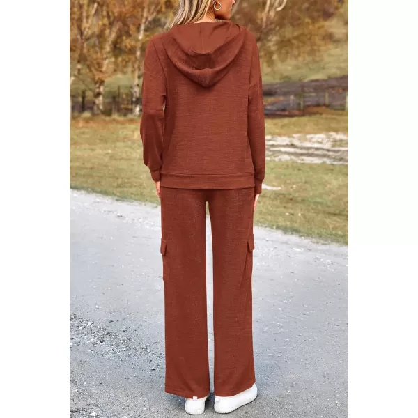 PRETTYGARDEN Womens 2 Piece Lounge Sets 2024 Fall Knitted Hoodie Pullover Tops Cargo Pants Matching Outfits TracksuitsBrick Red