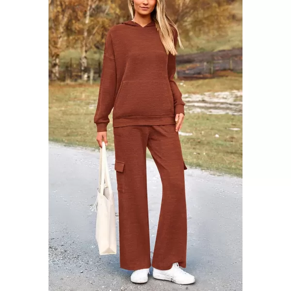 PRETTYGARDEN Womens 2 Piece Lounge Sets 2024 Fall Knitted Hoodie Pullover Tops Cargo Pants Matching Outfits TracksuitsBrick Red