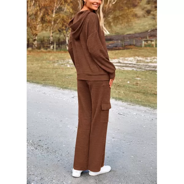 PRETTYGARDEN Womens 2 Piece Lounge Sets 2024 Fall Knitted Hoodie Pullover Tops Cargo Pants Matching Outfits TracksuitsBrown