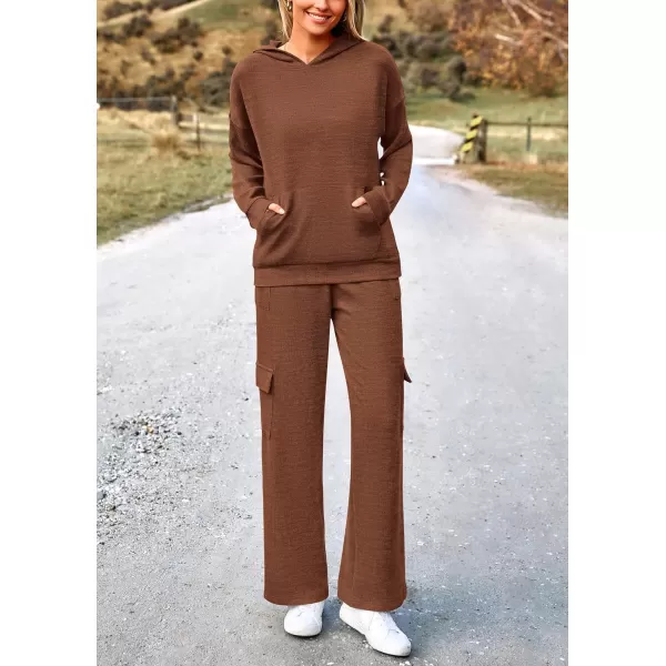 PRETTYGARDEN Womens 2 Piece Lounge Sets 2024 Fall Knitted Hoodie Pullover Tops Cargo Pants Matching Outfits TracksuitsBrown
