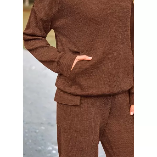 PRETTYGARDEN Womens 2 Piece Lounge Sets 2024 Fall Knitted Hoodie Pullover Tops Cargo Pants Matching Outfits TracksuitsBrown