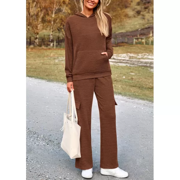 PRETTYGARDEN Womens 2 Piece Lounge Sets 2024 Fall Knitted Hoodie Pullover Tops Cargo Pants Matching Outfits TracksuitsBrown