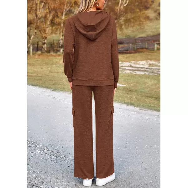 PRETTYGARDEN Womens 2 Piece Lounge Sets 2024 Fall Knitted Hoodie Pullover Tops Cargo Pants Matching Outfits TracksuitsBrown