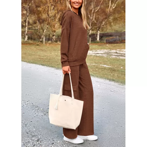 PRETTYGARDEN Womens 2 Piece Lounge Sets 2024 Fall Knitted Hoodie Pullover Tops Cargo Pants Matching Outfits TracksuitsBrown