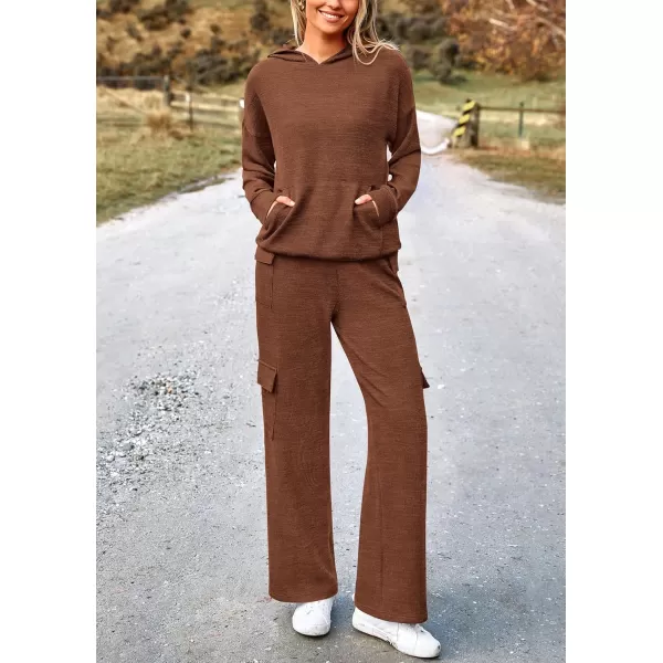PRETTYGARDEN Womens 2 Piece Lounge Sets 2024 Fall Knitted Hoodie Pullover Tops Cargo Pants Matching Outfits TracksuitsBrown