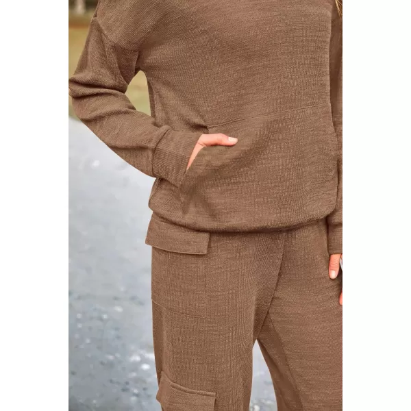 PRETTYGARDEN Womens 2 Piece Lounge Sets 2024 Fall Knitted Hoodie Pullover Tops Cargo Pants Matching Outfits TracksuitsCamel