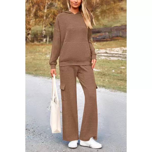 PRETTYGARDEN Womens 2 Piece Lounge Sets 2024 Fall Knitted Hoodie Pullover Tops Cargo Pants Matching Outfits TracksuitsCamel