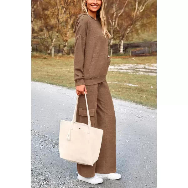 PRETTYGARDEN Womens 2 Piece Lounge Sets 2024 Fall Knitted Hoodie Pullover Tops Cargo Pants Matching Outfits TracksuitsCamel