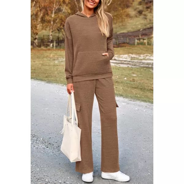 PRETTYGARDEN Womens 2 Piece Lounge Sets 2024 Fall Knitted Hoodie Pullover Tops Cargo Pants Matching Outfits TracksuitsCamel