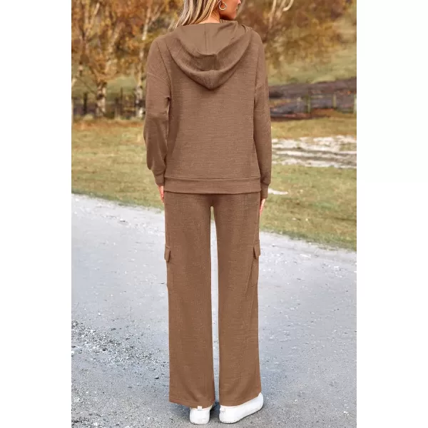 PRETTYGARDEN Womens 2 Piece Lounge Sets 2024 Fall Knitted Hoodie Pullover Tops Cargo Pants Matching Outfits TracksuitsCamel